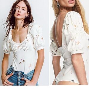 Free People Play Date Bodice Puff Sleeve Bodysuit Small